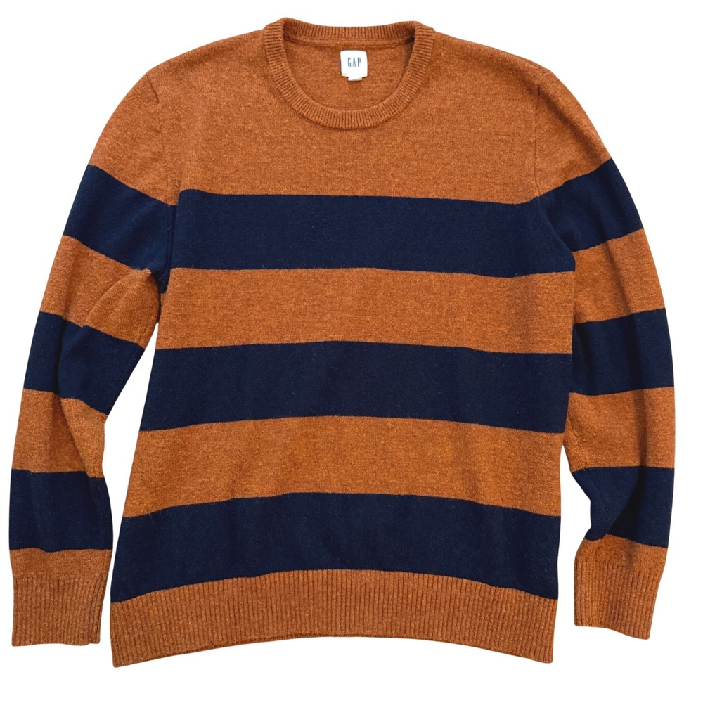 GAP Striped Crewneck Sweater Mens XL Orange Navy Merino Wool Blend Pullover